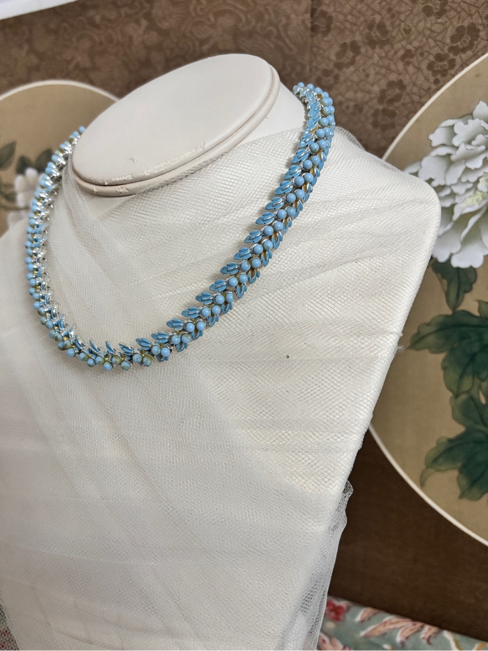 Coro Light Blue Enamel Floral Bead Choker Necklace